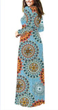 Printed Long Sleeve Pocket Dress Crew Neck Waist Dress Mop Skirt Slim Dress