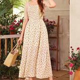 Women's Summer Chiffon Tulle Sleeve Dress High Waist Floral Midi Dress Fresh and Sweet French Dress